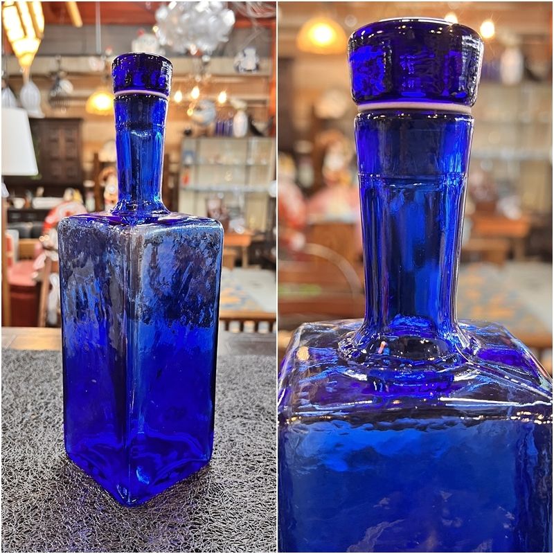 レトロ アンティーク 瓶 ブルー ボトル 蓋つき 藍色 紺 青 インテリア