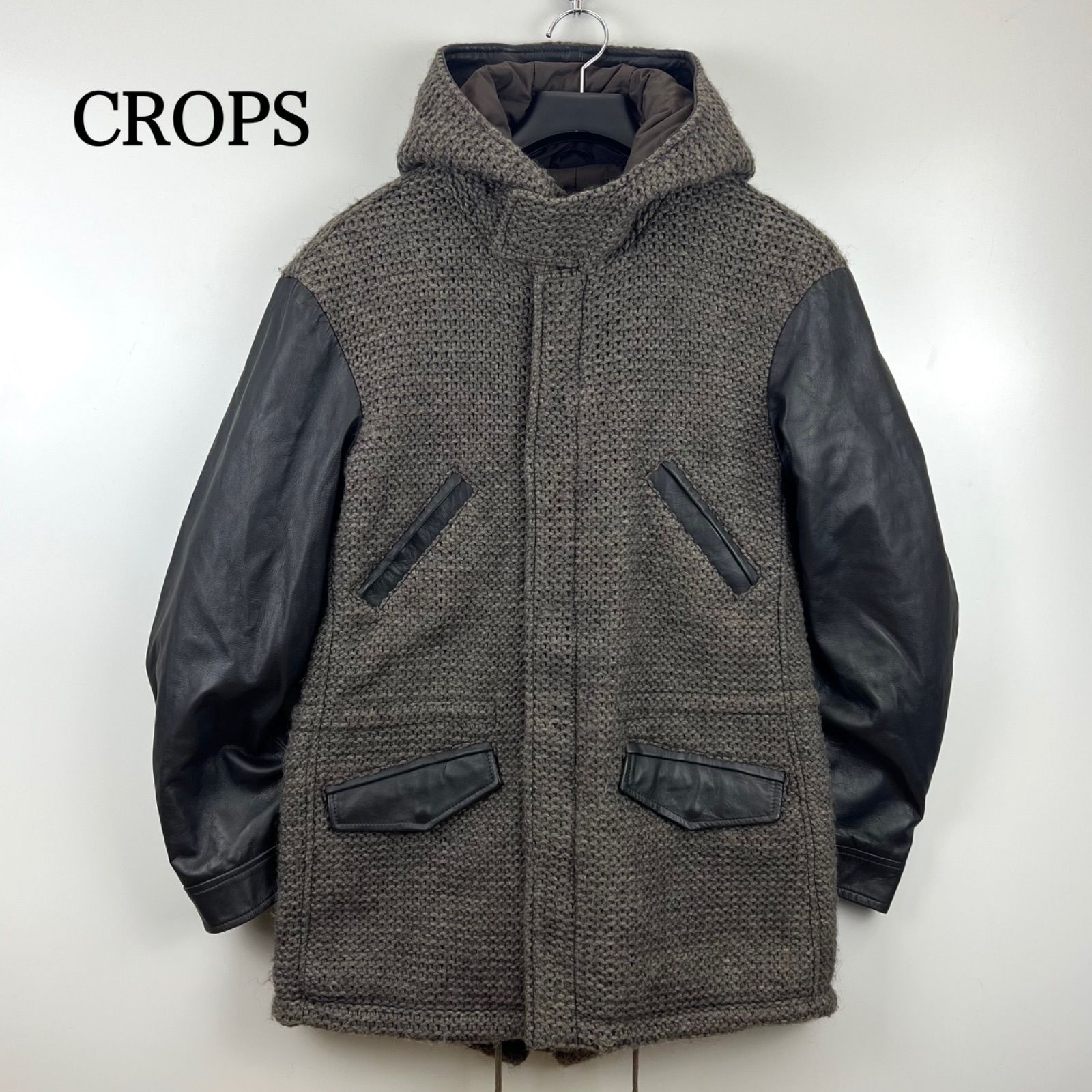 CROPS leather 00s ITALY archive wool × leather hoodie coat 44 クロップスレザー イタリア製 アクリルウールレザー 切替 フードコート