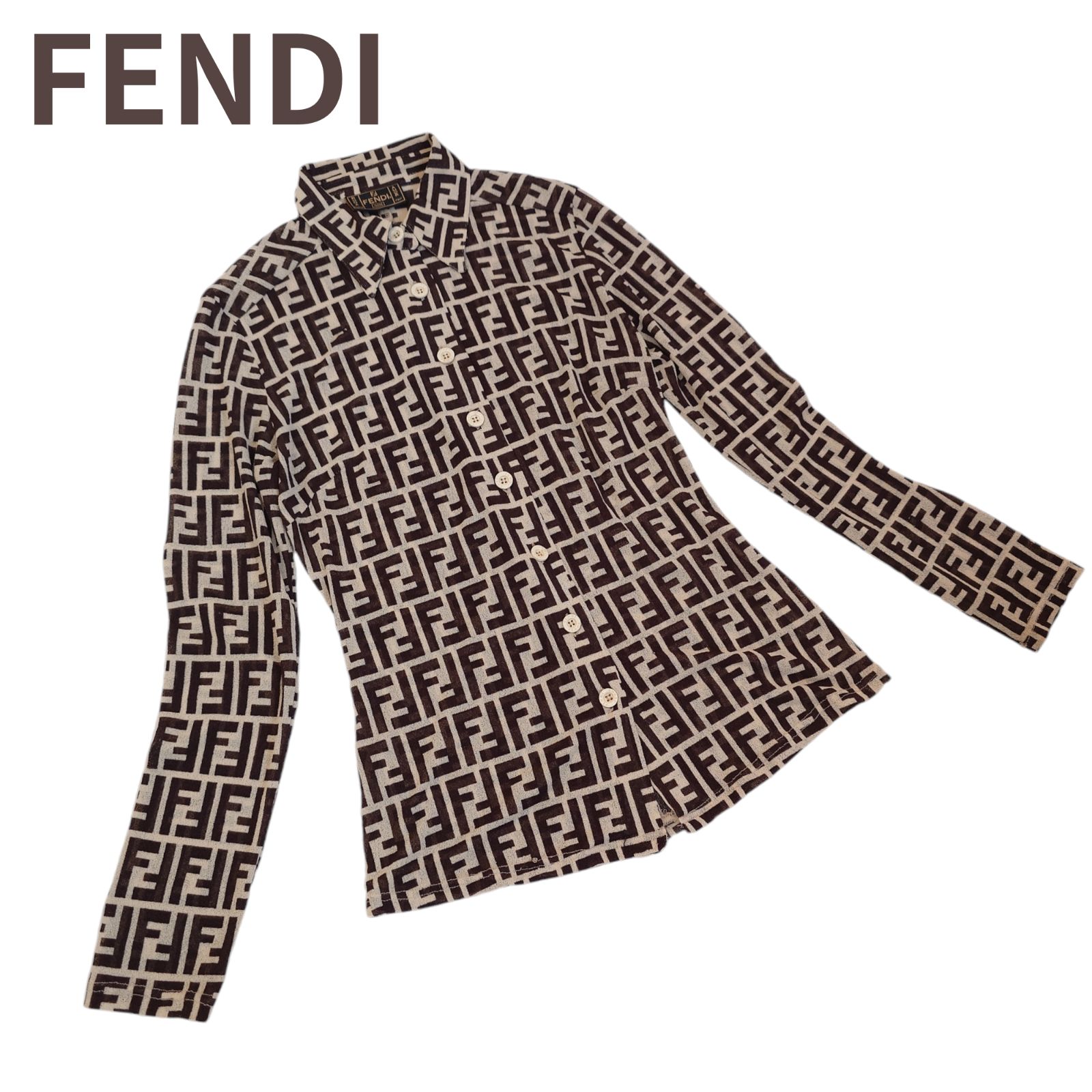 FENDI フェンディ ズッカ柄 総柄シースルー シャツ 長袖 ブラウス ベージュ ブラウン FF柄 ヴィンテージ 中古 - メルカリ