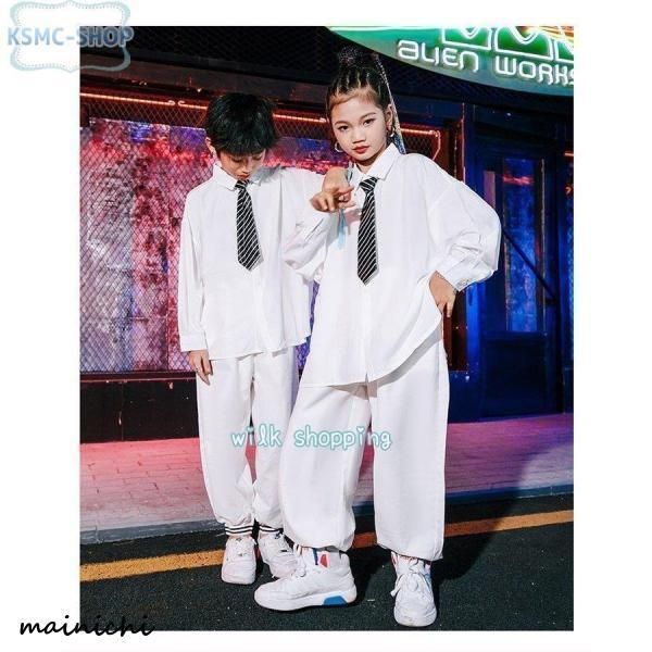 大幅割引！ キッズダンス衣装 セットアップ ヒップホップ 無地シャツ 大きめ 黒 白 ユニセックス Ｂ系 ストリート お洒落 HIPHOP シャツ パンツ ネクタ