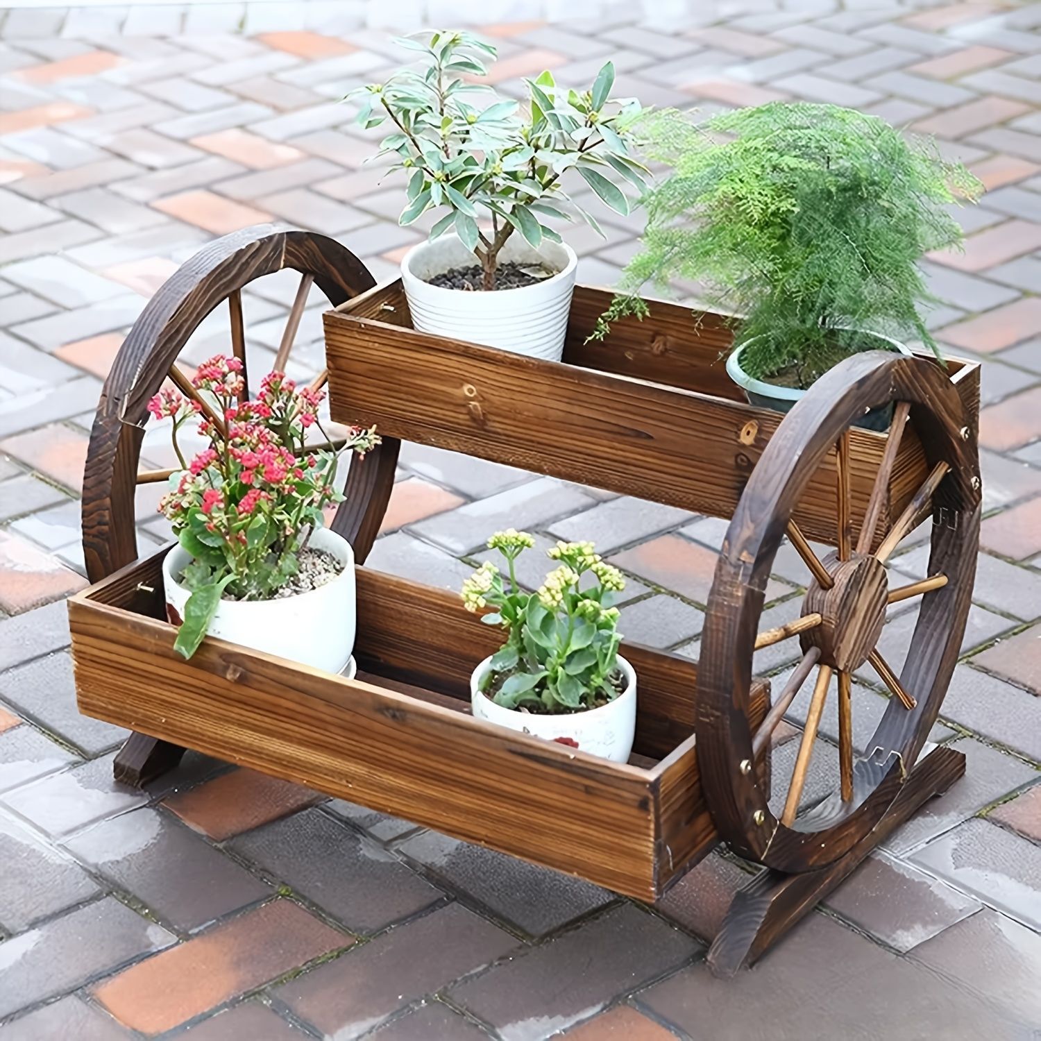 フラワースタンド トロリースタンド プランター インテリア 植物 ヴィンテージ 木 植物の棚 花の棚 はしご 屋内 植物のサポート フロート 公園の庭の装飾 アンティーク 車輪の形 おしゃれ プランター