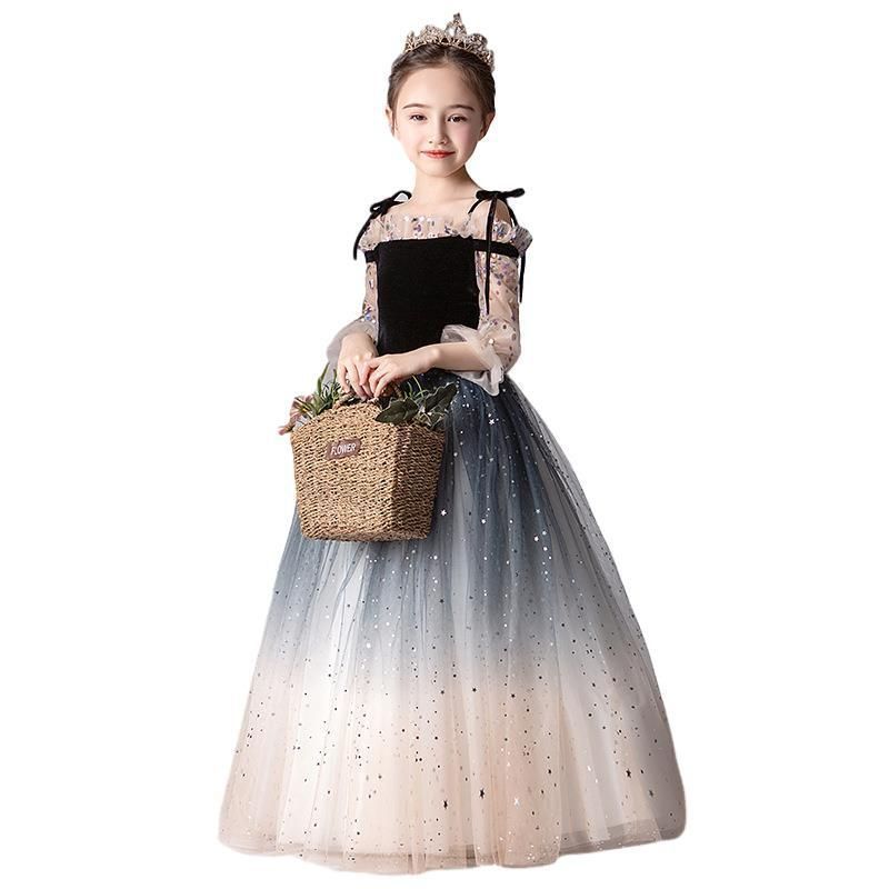 ドレス子供長袖女の子チュールワンピースピアノフォーマルキッズふんわり感ロングワンピース発表会フ ワンピースキラキラー