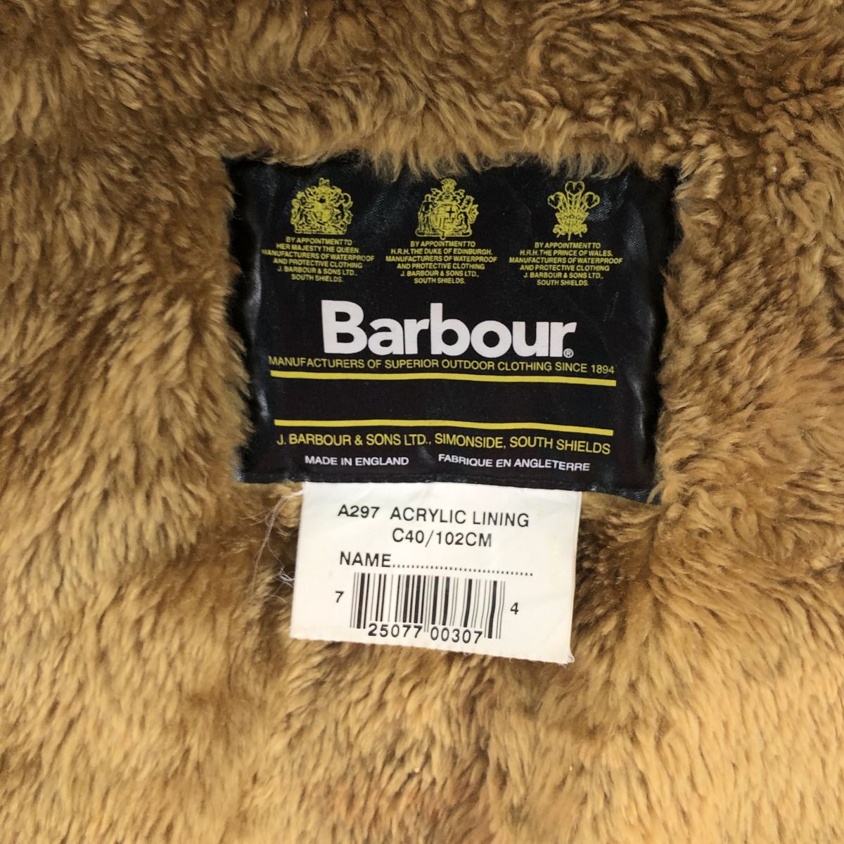 古着 90年代 バブアー Barbour A297 ACRYLIC LINING パイル