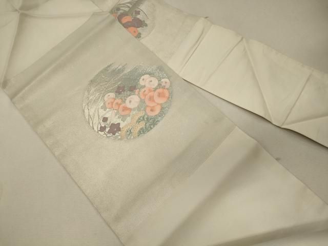 平和屋着物＊夏物　九寸名古屋帯　草花文　黒地　銀糸　正絹　逸品　DAAY8132cm 平和屋着物＊夏物 九寸名古屋帯 草花丸文 銀糸 正絹 逸品 CAAW8857oy