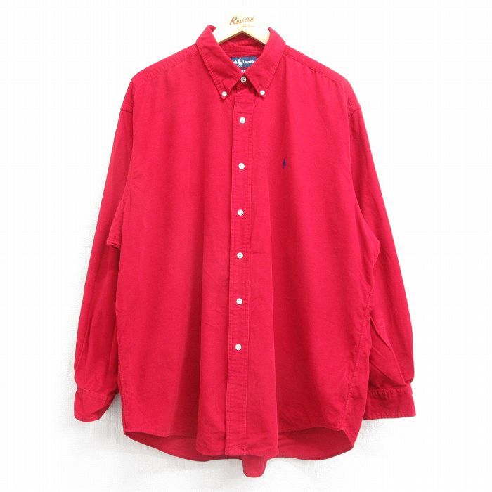 XL/古着 ラルフローレン 長袖 ブランド シャツ メンズ 90s BLAKE ワンポイントロゴ 大きいサイズ コーデュロイ コットン ボタンダウン 赤 