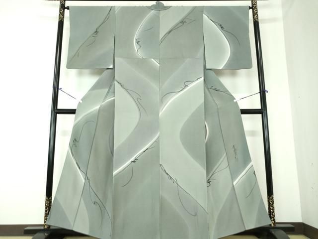 小紋 斉藤三才 手描 ぼかし 正絹 反物 斉藤三才 落款 小紋 刺繍 ぼかし染め 正絹 グレー 紫 067