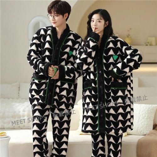 ペアパジャマ 冬 モコモコ カップル ペア ルームウェア セット 長袖 前開き パジャマ 夫婦 もこもこ メンズ 秋冬 結婚祝い プレゼン ddhc 68