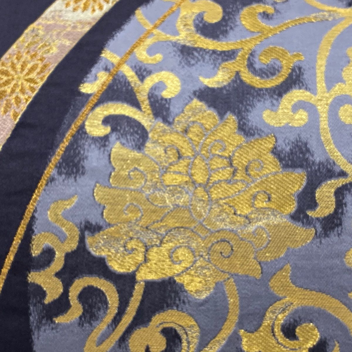 袋帯 となみ織物 落款 花唐草 葡萄 金糸 箔 紫 六通 正絹