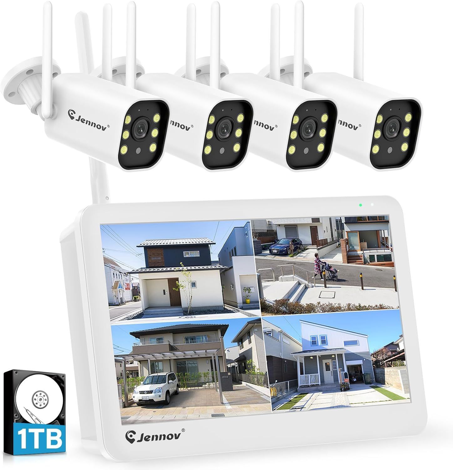 防犯カメラ 屋外 IP66防水防塵 500万画素 超高画素 モニター付き 130°広角 1TBHDD内蔵 24時間録画機能 AI人体検知機能付き