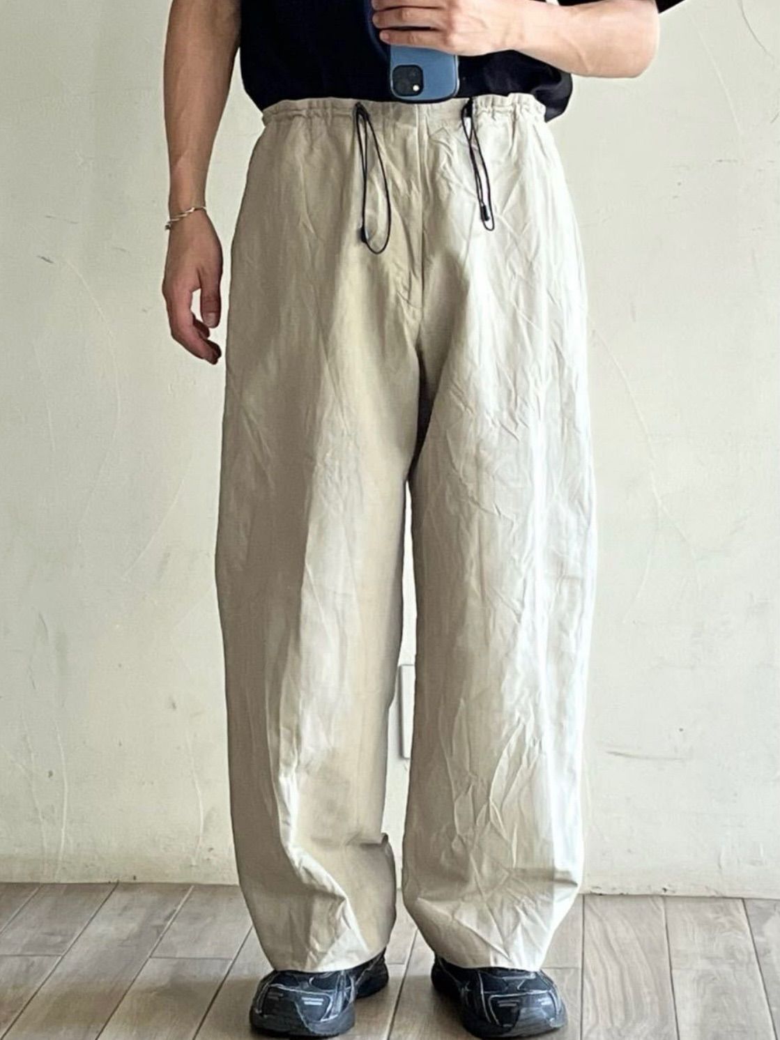 イタリア製 90 s HILTON イージーパンツ 50 コットン リネン ベージュ ゴム ドローコード ユーロ ビンテージ P 5-06009-1376