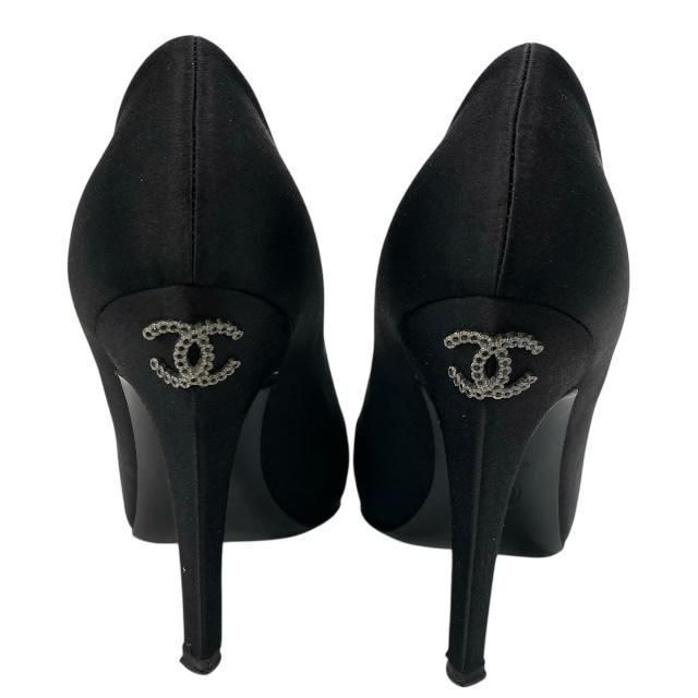 美品CHANEL 黒 オープントゥ ヒール　37 1/2 CHANEL シャネル オープントゥパンプス レザー チェーン