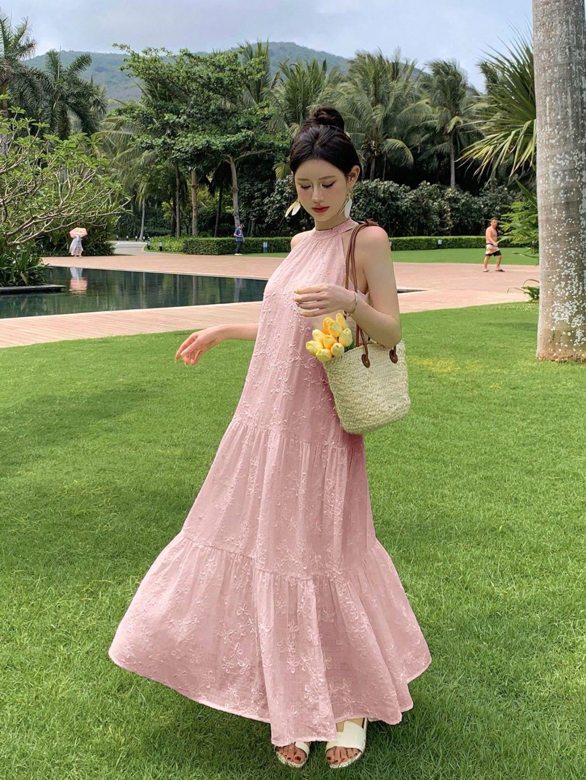 Karen Millen★スリンキー ジャージー ワンショルダー ドレス ース刺繍ジャガード ホルターネック ドローストリング パッチ