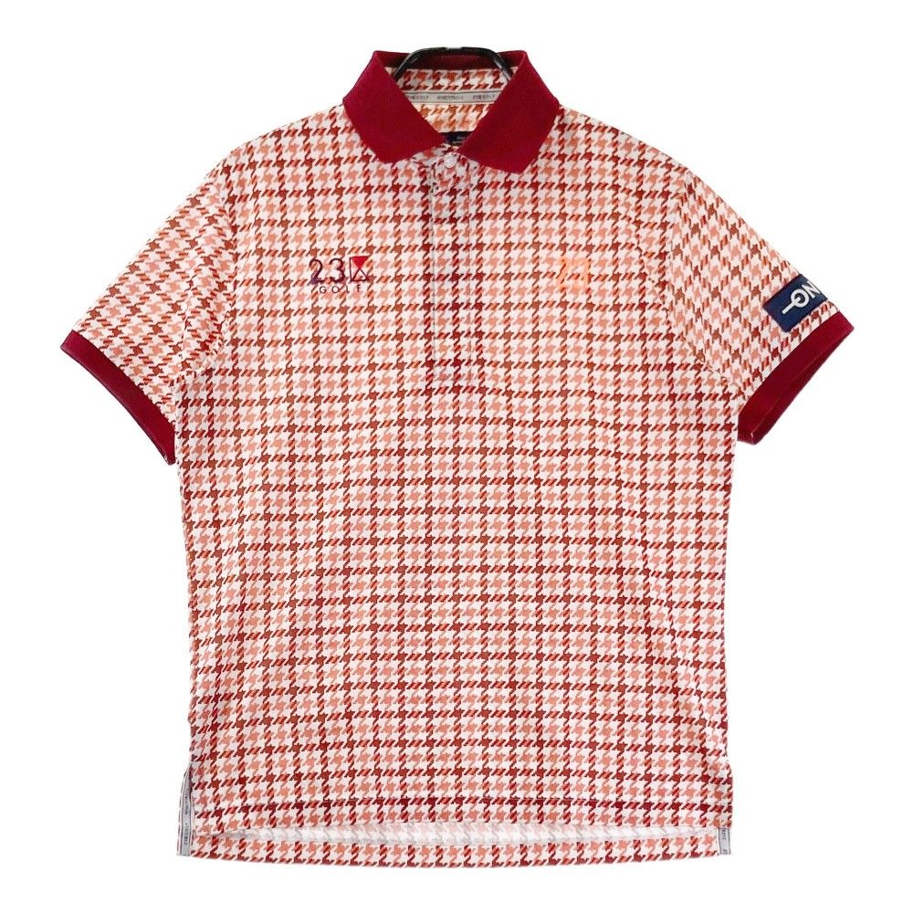 サイズ：L 23区GOLF ニジュウサンクゴルフ  半袖ポロシャツ 千鳥 総柄 レッド系 [240101357679]# ゴルフウェア メンズ ストスト