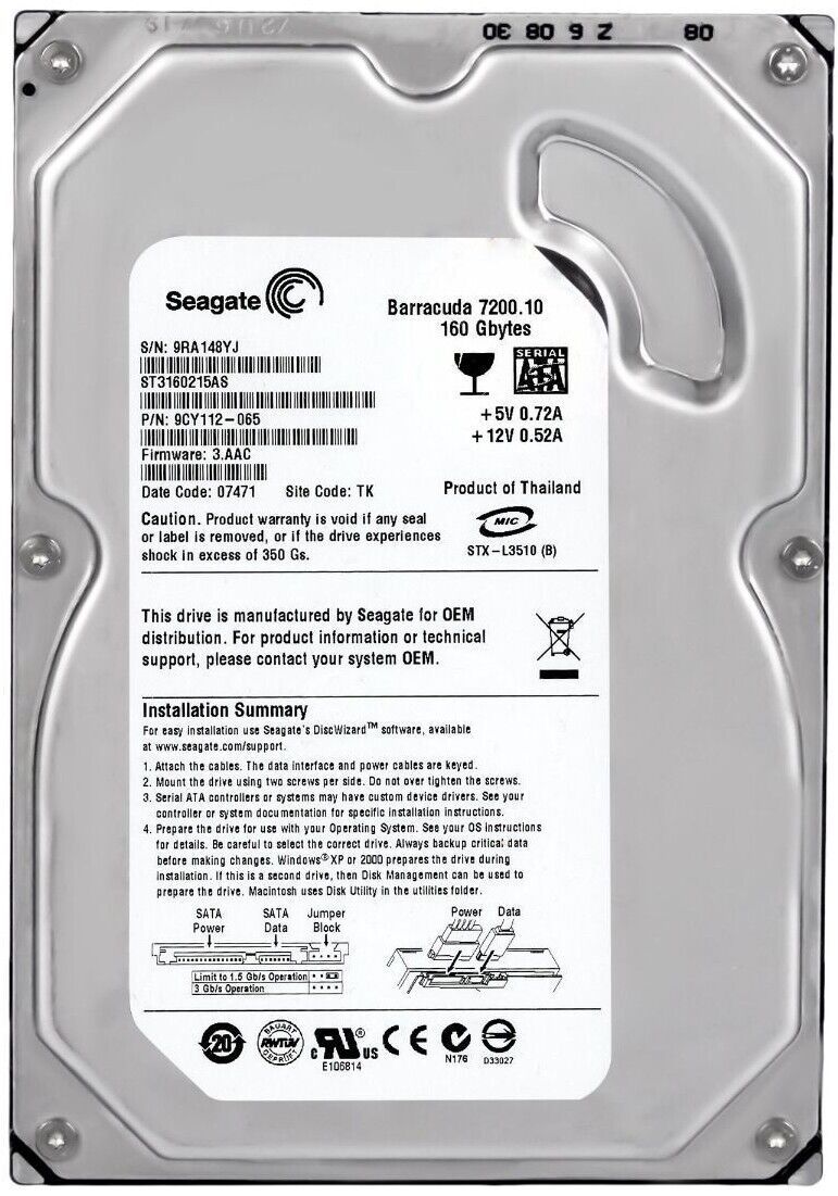 Hard Drive Seagate Barracuda 7200.10 160GB 7200RPM 2MB SATA ST3160215AS 3.5