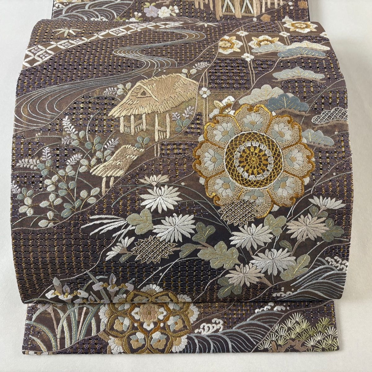 袋帯 やまと 華文 流水 金銀糸 刺繍 金色 六通 正絹