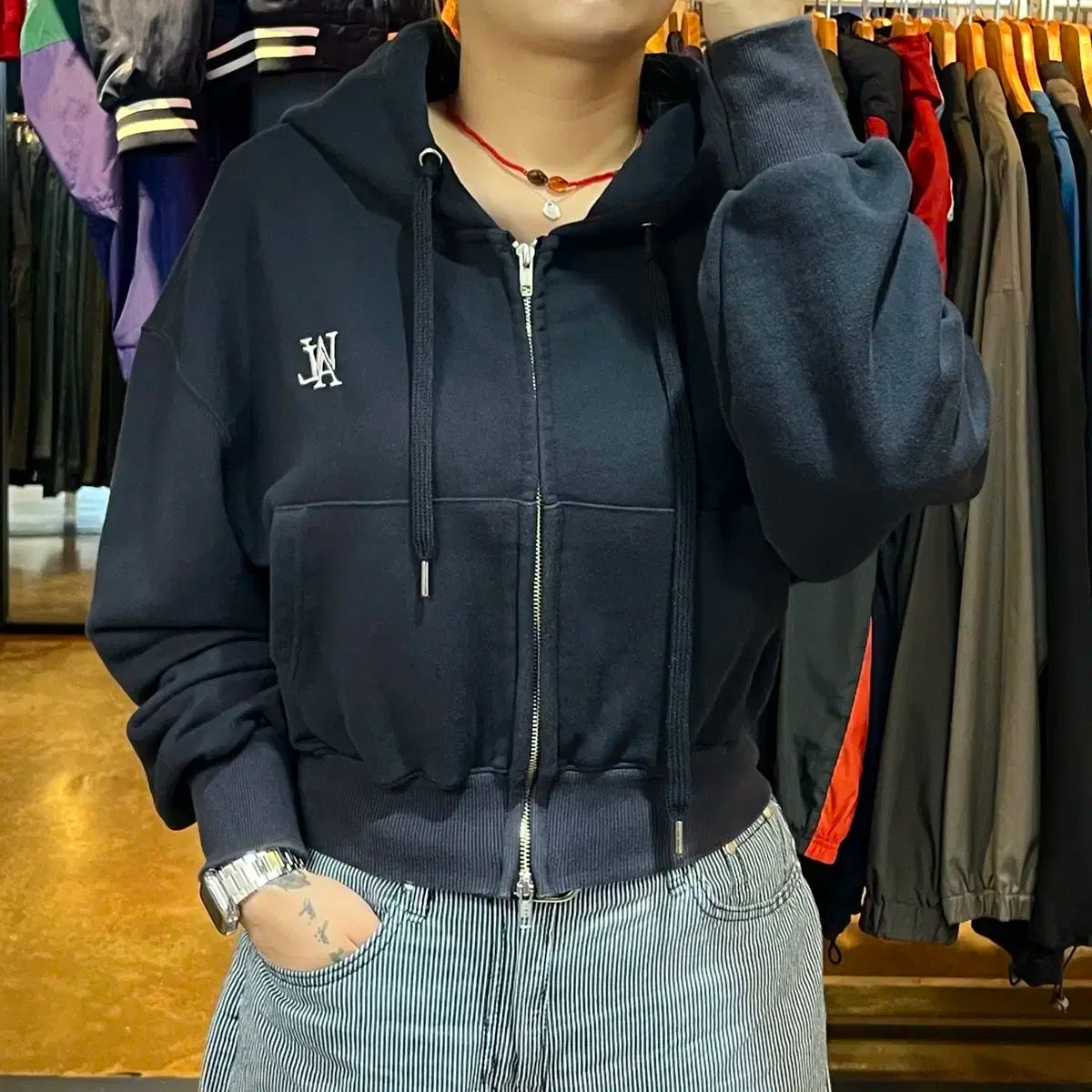 WOOALONG(ウアロン) クロップド ジップアップパーカー フード