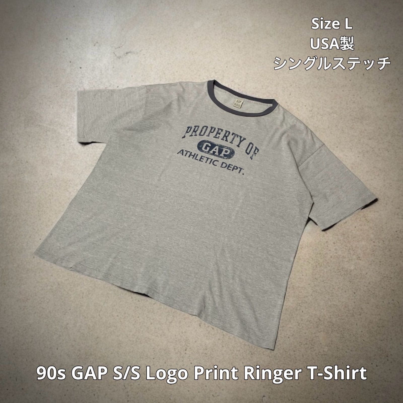 90s GAP S/S Logo Print Ringer T-Shirt ギャップ ロゴプリントリンガーTシャツ 半袖 グレー Lサイズ USA製 米国製 シングルステッチ リンガーネック ボックスシルエット OLD GAP オールドギャップ
