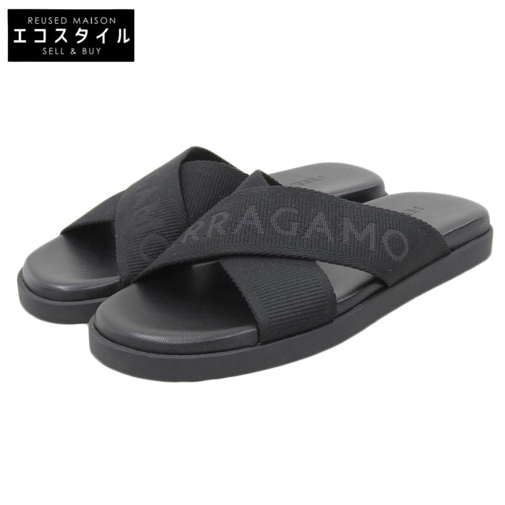 Salvatore Ferragamo サルヴァトーレフェラガモ ダブルクロスバンドフラットサンダル レディース 黒 ブラック 6 6