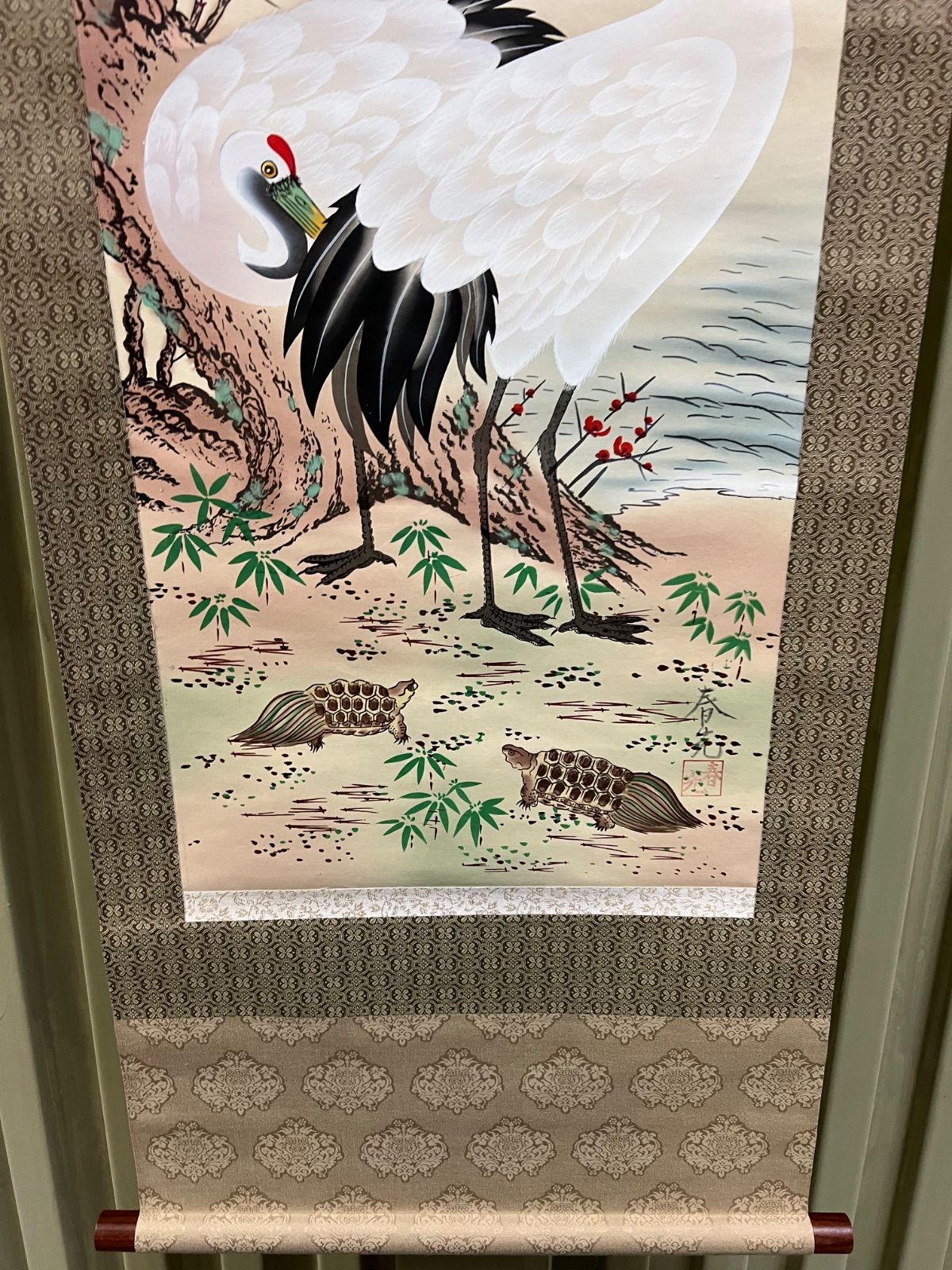 ⭐︎ 春光 掛け軸 鶴 松上鶴亀 鶴 亀 掛け軸 繁栄 長寿 保管品 【公式 
