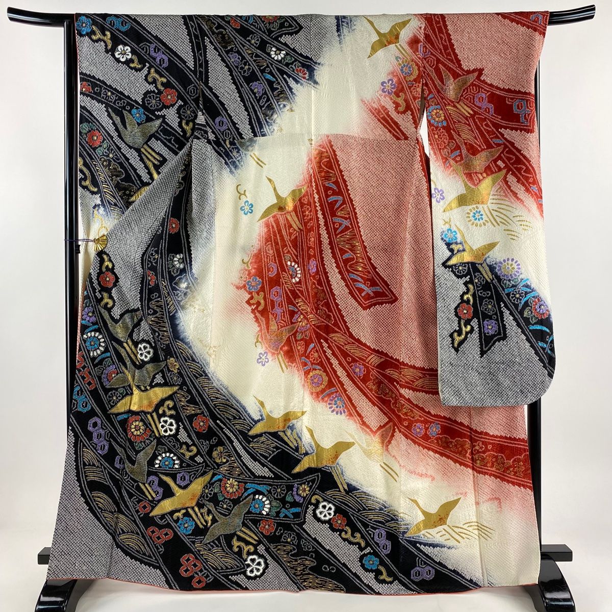 振袖 身丈165.5cm 裄丈67cm M 袷 鶴 花 絞り 金彩 黒 正絹 名品 【 