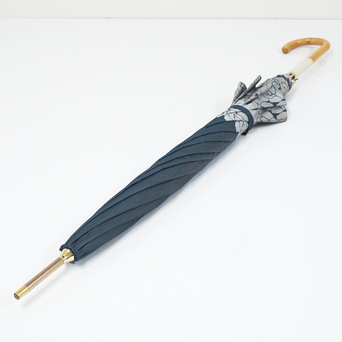 傘 HANWAY ハンウェイ USED品 ブルー系 花柄 切りかえハンドル 高級 エレガント 60cm S S9717