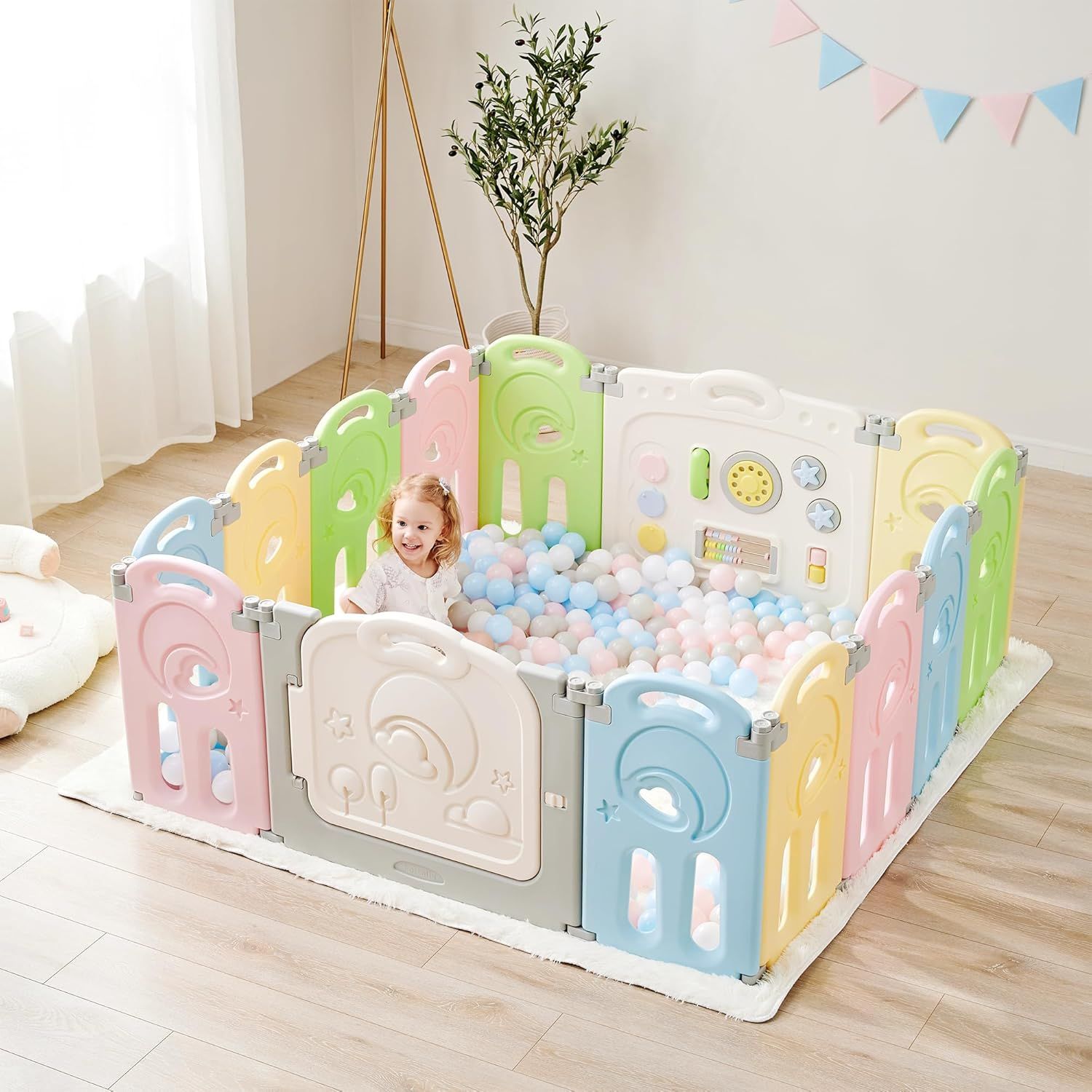 Fortella Cloud Castle ベビーサークル マカロンカラー 折りたたみ式 カラフルデザイン 14枚セット 大きめ ハイタイプ 高さ62cm おもちゃパネル ドア開閉式 組立簡単 赤ちゃん サークル ベビーゲー