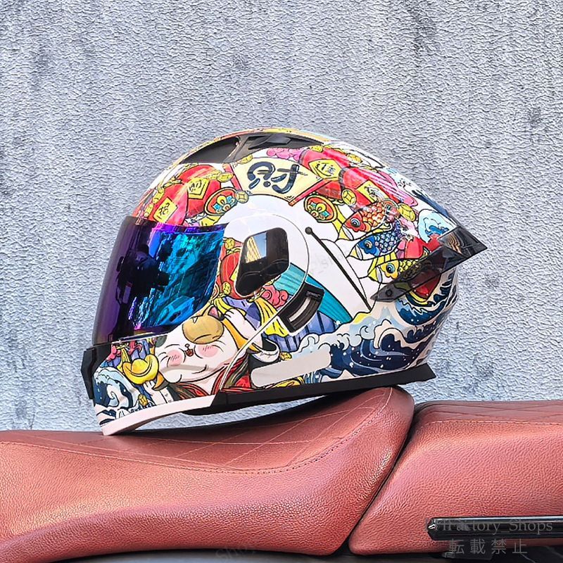バイクヘルメット フリップアップヘルメット フルフェイスヘルメット DOT承認 クラッシュヘルメット 耐久性 安全性 通気性 男女兼用 招き猫デザイン ホワイト A145