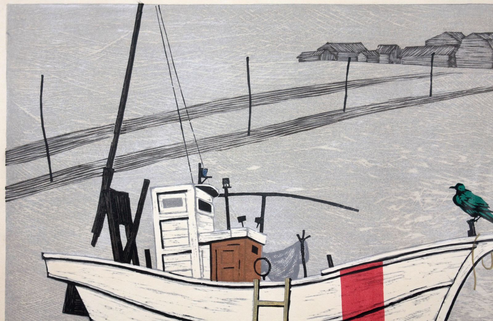 北岡文雄『白い漁船と青い鳥』木版画【真作保証】 絵画 北岡文雄『白い漁船と青い鳥』木版画【真作保証】 絵画 美術品