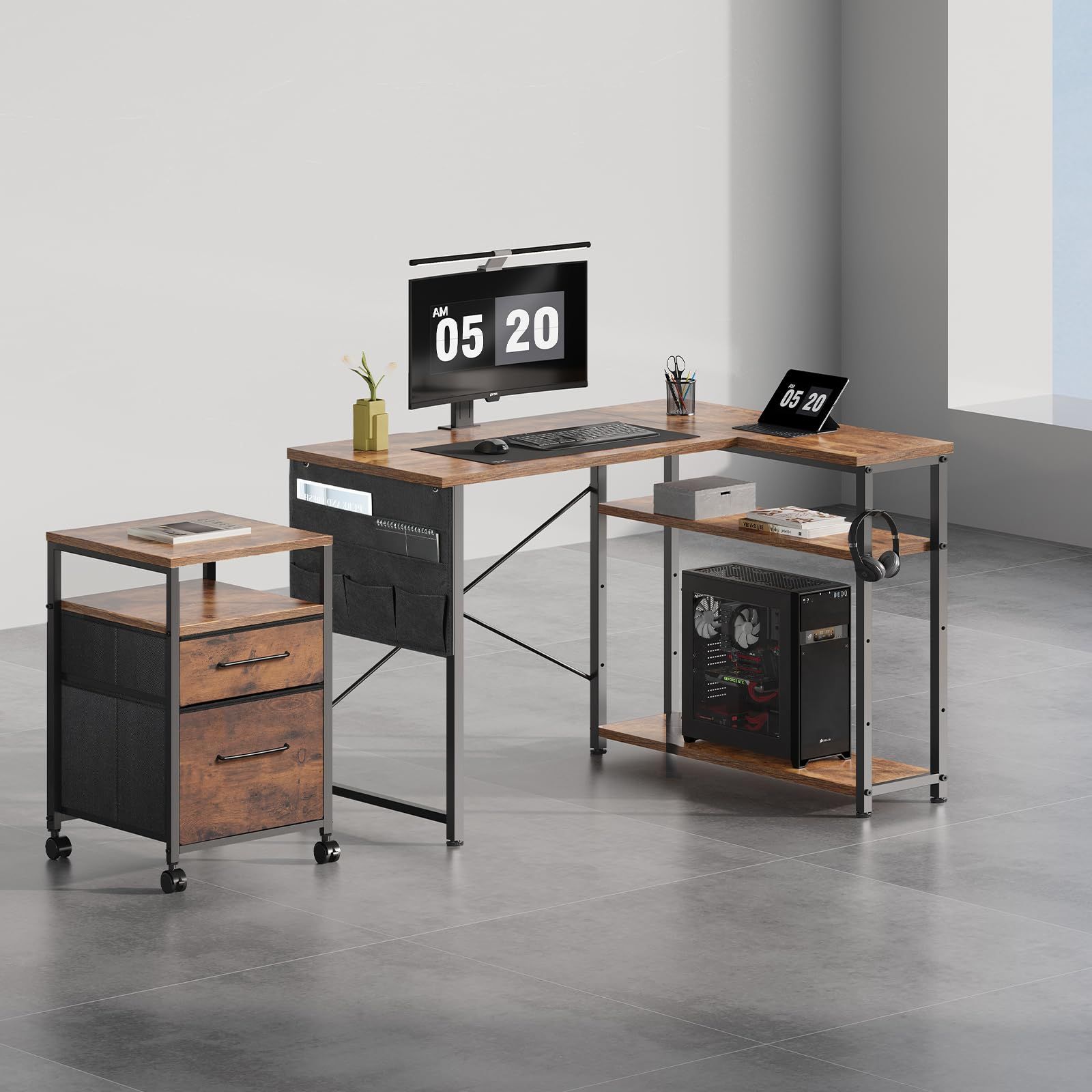 迅速発送 Maihail l字デスク 机 pcデスク 学習机 勉強机 パソコンデスク 右棚左棚 幅99cm コーナーデスク つくえ 棚板高さ調節 作業机 L字型 リモートワーク ラック付き ピンテージ