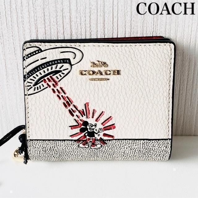 新品コーチCOACHキースヘリング折財布ミッキーマウスレディースUFO革