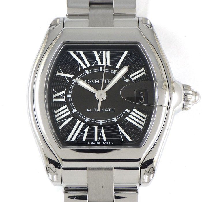 カルティエ Cartier 腕時計 ロードスター LM W62041V3 デイト 夜光針 トノー ブラック サンレイ ギョーシェ文字盤 SS 自動巻き 箱 保付き