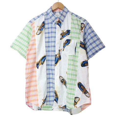 カールヘルム Karl Helmut ピンクハウス PINK HOUSE 美品 ボタンダウン 半袖 シャツ パッチワーク チェック 靴柄 マルチカラー X