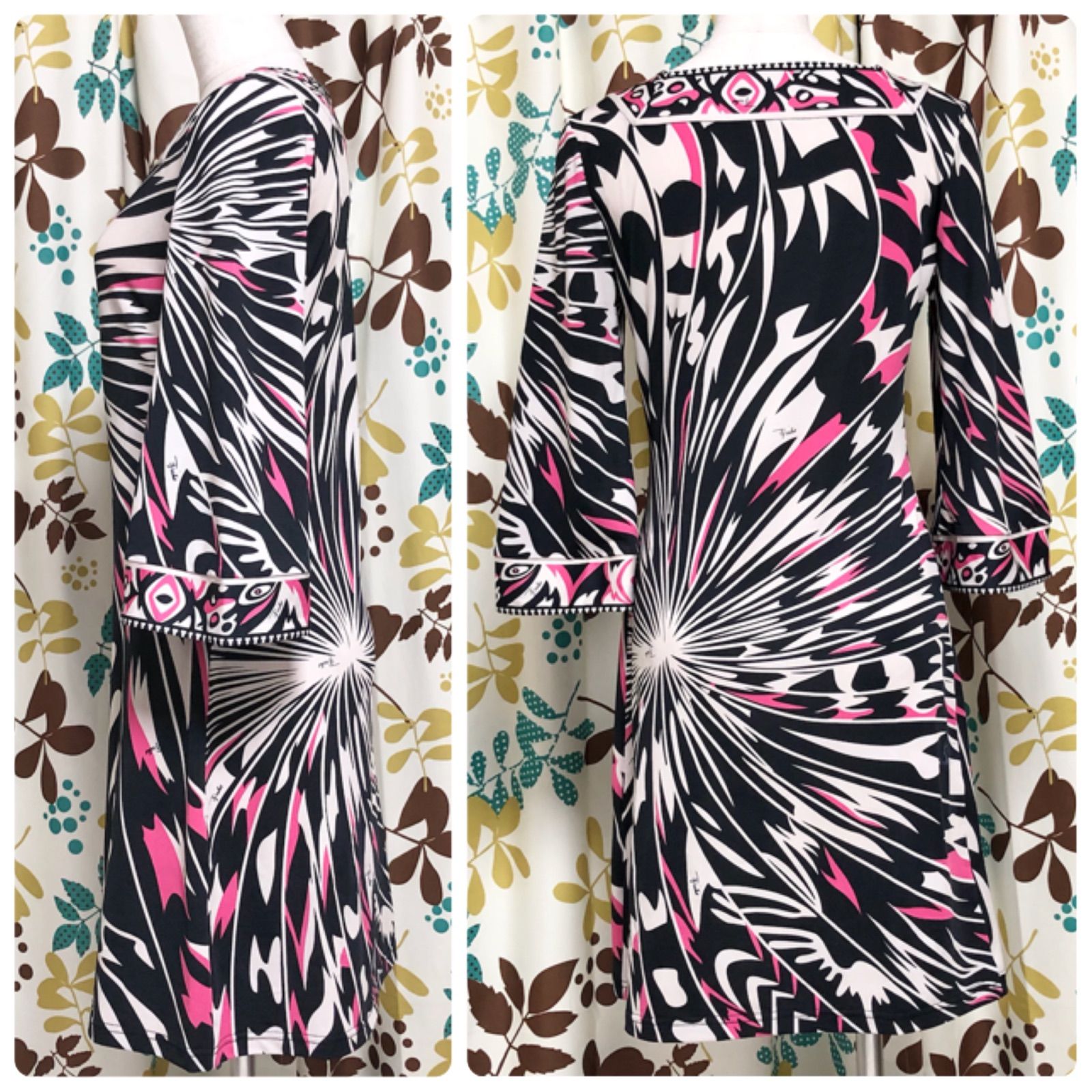 エミリオプッチ　ワンピース　チュニック　シルク　絹　ロング　イタリア製 □美品□EMILIO PUCCI エミリオプッチ 七分袖ワンピース プッチ柄 現代