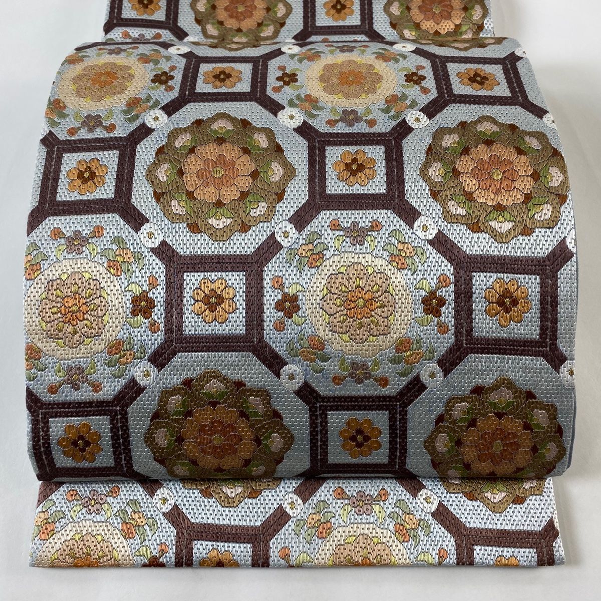 ブルーグレー金糸華やかな袋帯 袋帯 逸品 蜀江華文 刺繍 金糸 青灰色 全通 正絹 【中古