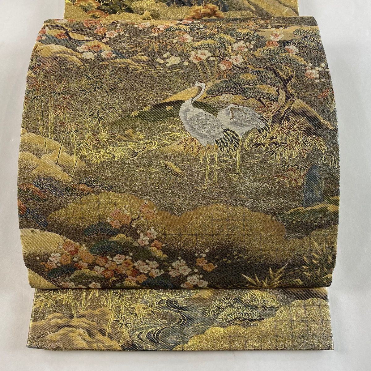 丸帯 美品 逸品 十寿円満図 本金箔全通丸帯 鶴 松竹梅 金糸 箔