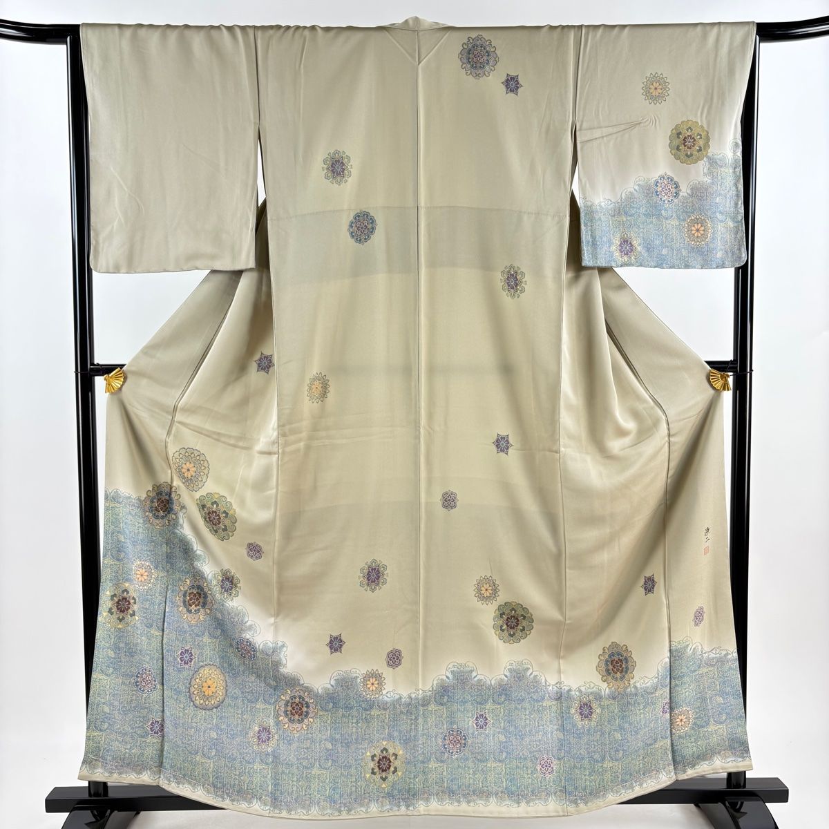 訪問着 身丈160.5cm 裄丈65.5cm M 袷 落款 華文 華唐草 金彩 ぼかし 灰緑 正絹 秀品