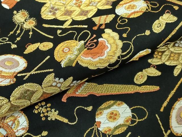 平和屋本店□極上 西陣 河合美術織物謹製 六通柄袋帯 唐織 楽器 黒地