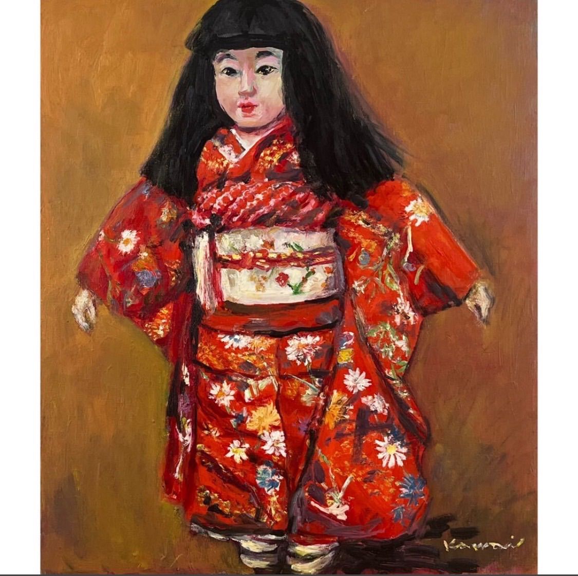 河合恒人 日本人形 油彩 F10号 ローマン派美術協会理事長 日本美術家連盟会員 愛知県出身