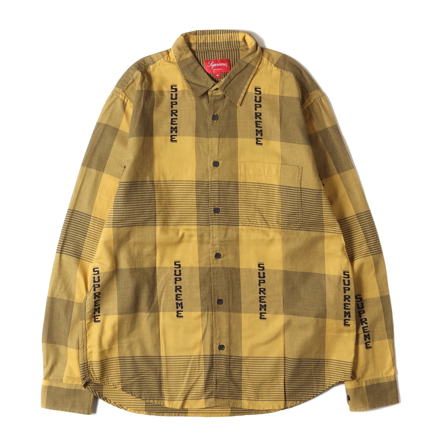 美品 Supreme シュプリーム シャツ サイズ:M 20SS ブランドロゴ チェック 長袖シャツ Logo Plaid Shirt イエロー トップス カジュアルシャツ 【メンズ】