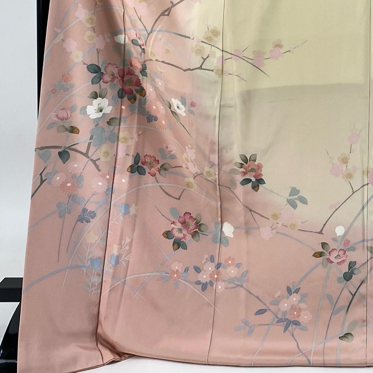 訪問着 身丈174.5cm 裄丈69cm L 袷 落款 枝花 草花 ぼかし ピンクベージュ 正絹