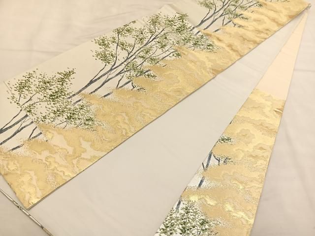 410my54◇長尺 両面 松煙染 伊勢型紙 唐花 金銀糸 紬 袋帯◇美品 平和屋着物○西陣織 陰山織物謹製 箔屋清兵衛 六通柄袋帯 名物裂