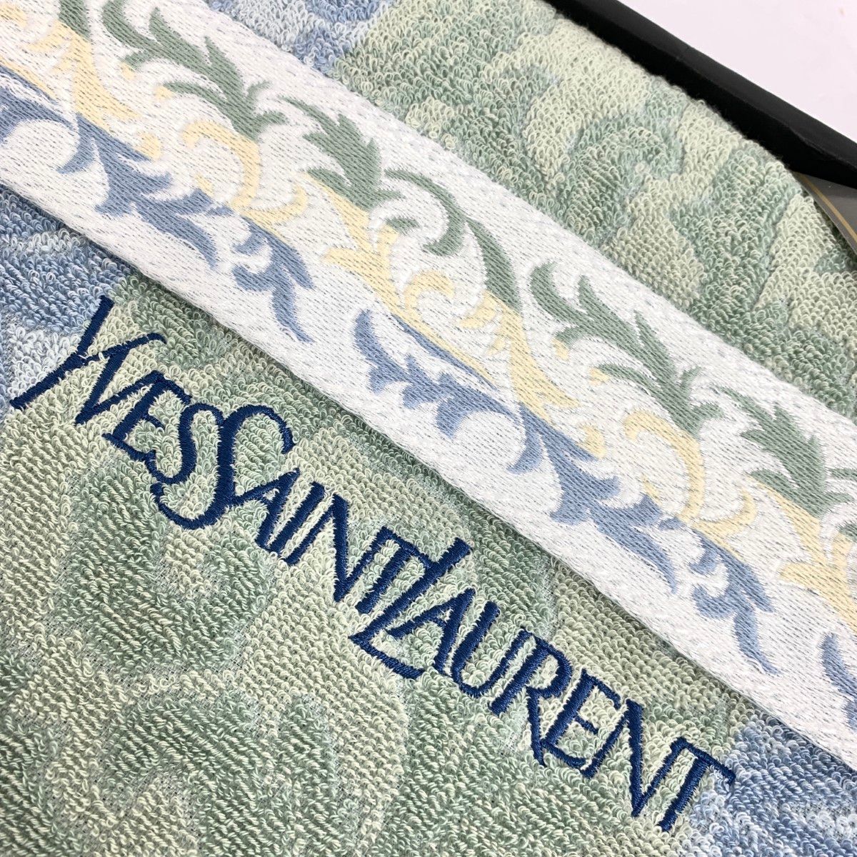 YvesSaintLaurent YSL イヴサンローラン タオルケット YSL ロゴ刺繍 アラベスク コットン ライトブルー 240001164165