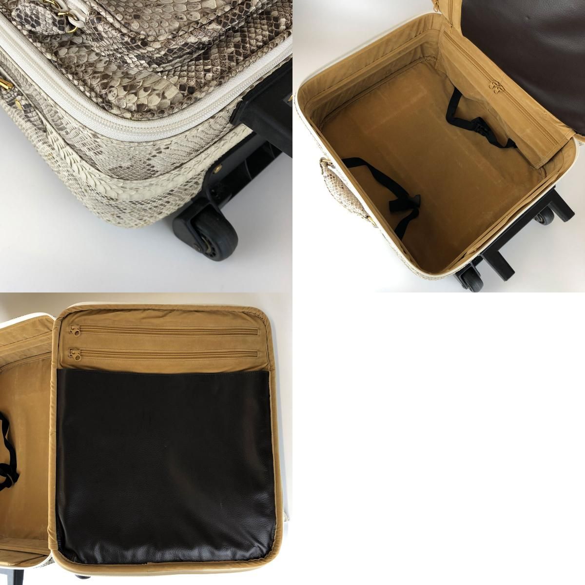 日本製 本革 パイソン スーツケース 約30L キャリーケース キャリーバッグ ホワイト系 リアルレザー 蛇 ヘビ 旅行バッグ 旅行鞄 USED 中古