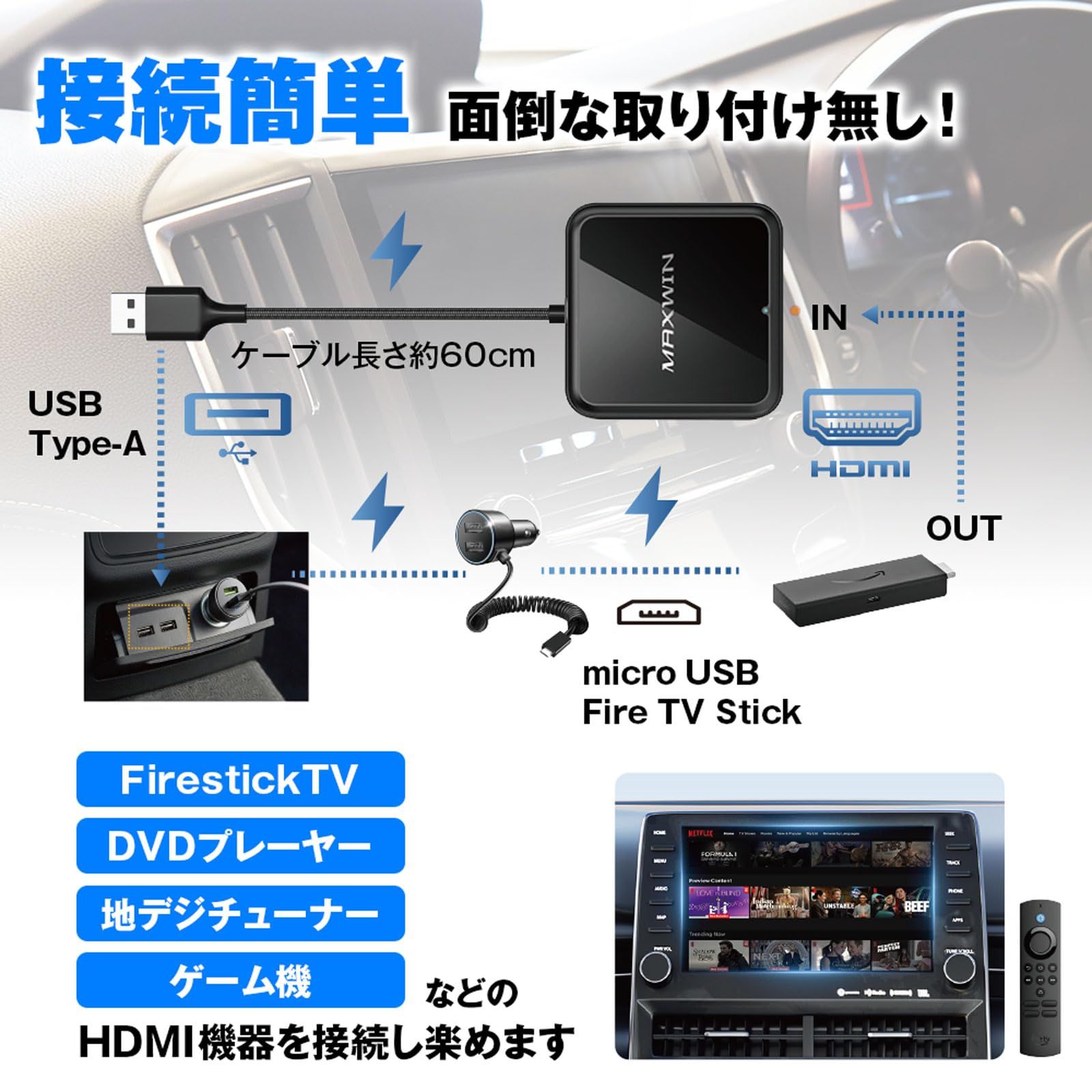 MAXWIN ワイヤレスCarPlay HDMIアダプター DA-HD01 Amazon | MAXWIN ワイヤレス CarPlay アダプター HDMI入力