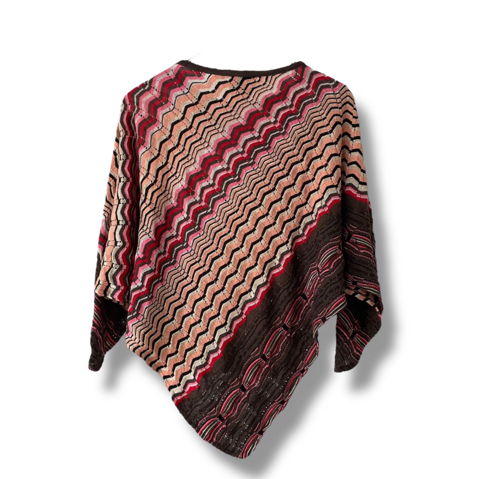 MISSONI ミッソーニ ブラウン ピンク ジグザグ柄 ニットポンチョ 毛35 アクリル35 イタリア製 Mサイズ相当 レディース 上質 エレガント おしゃれ 0000482OC GULLKHAN_COM