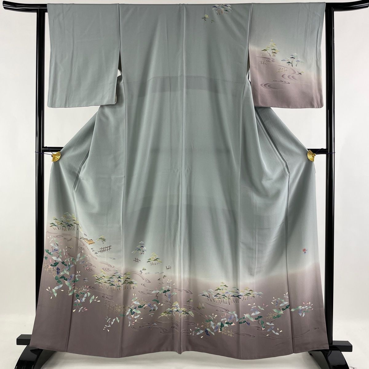 訪問着 逸品 落款 寺西一紘 加賀友禅 松 家屋 青灰色 袷 身丈162cm 裄 ...