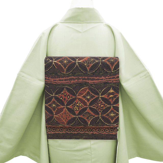 新古品 袋帯 正絹 輪奈織 古代柿渋染糸使用 京都 西陣 タケジ商事 金糸 こげ茶色 淡赤茶色 七宝 松竹梅 花 カジュアル 春 秋 冬 上 袋帯 仕立て上がり みやがわ sb54532