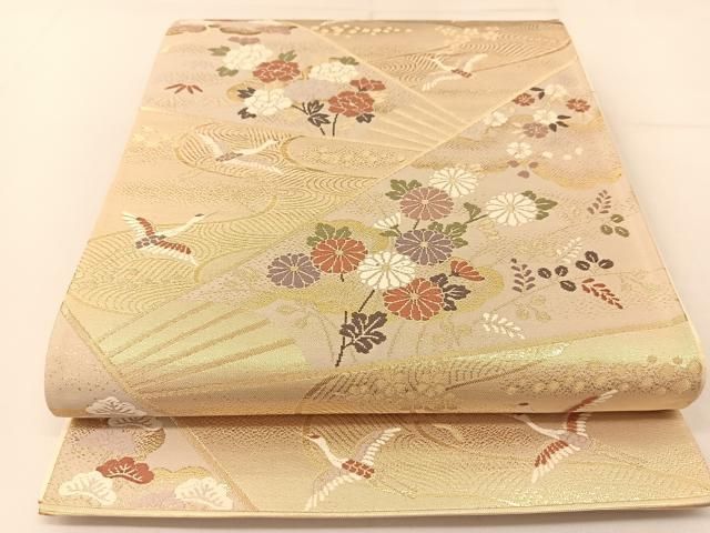 平和屋着物◎六通柄袋帯 唐織 飛鶴扇花文 金糸 正絹 逸品