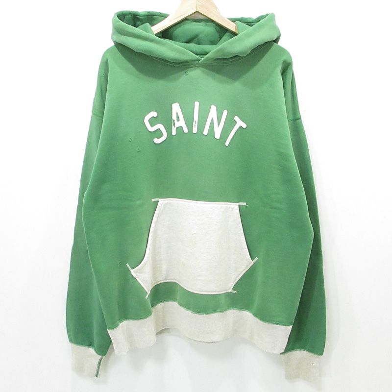三重本店 SAINT MICHAEL セントマイケル 22SS HOODIE FELT 加工フェルトロゴ長袖パーカー ダメージ加工 SM-S22-0000-041 グリーン サイズ XL 108