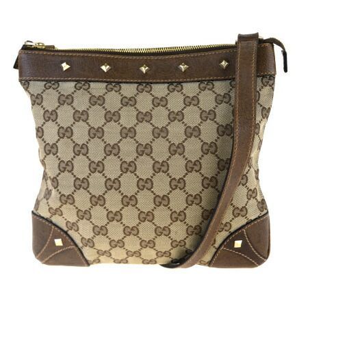 【中古】 グッチ(Gucci) GG柄 スタッズ キャンバス，レザー ショルダーバッグ ブラウン 66GA683